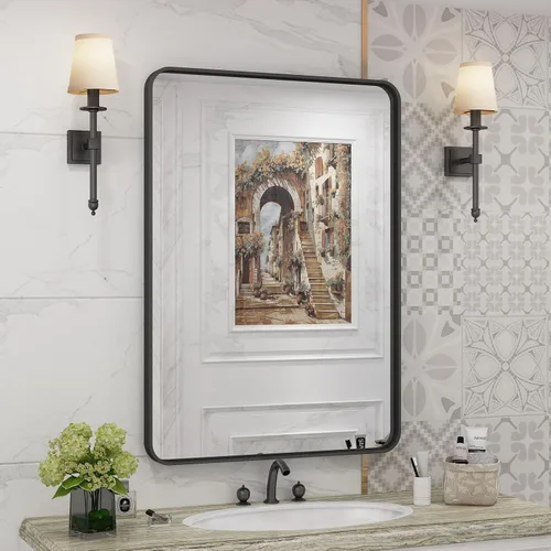 Vista 20 de Paquete de 2 espejos de baño con marco de metal negro de 22 x 30 pulgadas, espejo rectangular redondeado negro mate, antioxidante, se cuelga