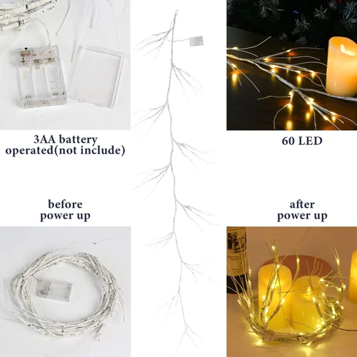 Vista 2 de SULOLI Guirnalda de abedul de Navidad con luces de 6 pies, funciona con 48 LED, funciona con pilas, ramita iluminada con temporizador para Navidad