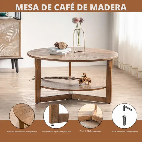 Vista 2 de Mesa de café redonda, mesa de café circular de madera de 35" con estante de almacenamiento, mesa central de 2 niveles para sala de estar