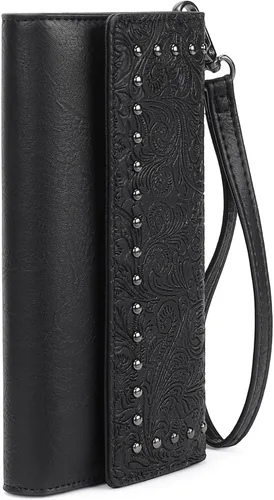 Vista 22 de FALAN MULE Cartera de cuero para mujer, de gran capacidad, bifold, con bloqueo RFID, tarjetero con bolsillo para monedas con cremallera Aa-negro.