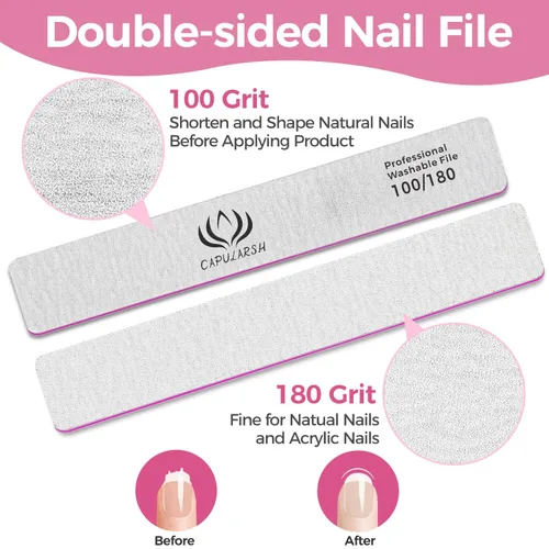 Vista 2 de 18 limas de uñas acrílicas – Capularsh 100/180 Grit Professional Double Side Emery Boards, lima de uñas gruesas reutilizables para inmersión de gel