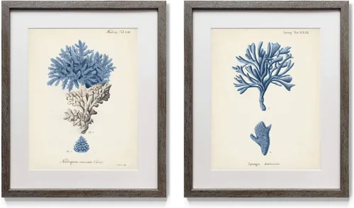 Vista 28 de Renditions Gallery Antique Coral in Navy (1) 2 Piece Framed Artwork Set, Underwater Ocean Themed Pair, Blue, Modern Distressed Silver Frame, White