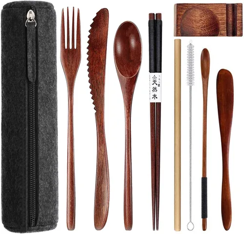 Vista 12 de Utensilios de madera reutilizables para comer, 8 piezas de cucharas de madera de viaje, tenedores, palillos, juego de cubiertos con estuche