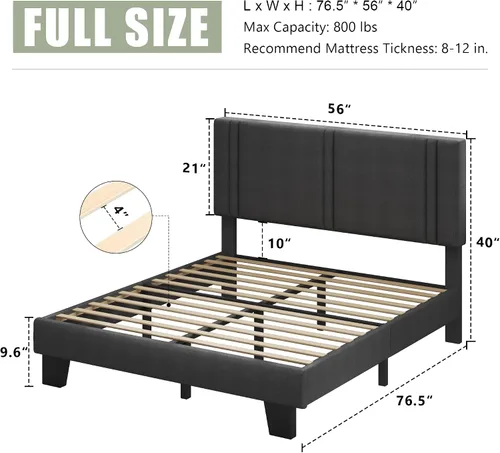 Vista 2 de Feonase Marco de cama de plataforma de tamaño completo, marco de cama tapizado de tela con respaldo alado, listones de madera maciza y soporte