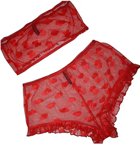 Vista 4 de Springcmy Conjunto de lencería sexy de 2 piezas para mujer con malla de encaje ropa de noche brasier y ropa