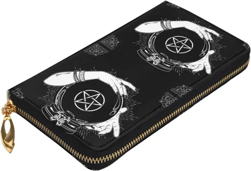 Vista 4 de Cartera larga con cremallera para mujer, con bola de cristal mágica, pentagrama, bruja, tarjetero grande para tarjetas de crédito