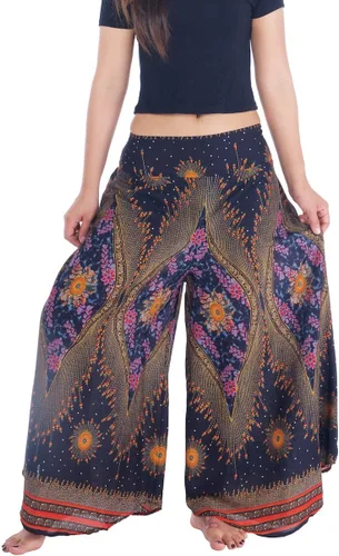 Vista 24 de Lannaclothesdesign Boho Palazzo Pants Women Pavo real colorido negro