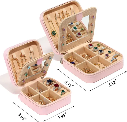 Vista 3 de Organizador de joyas y joyero de viaje, 2 piezas de regalo rosa, estuche de viaje para mujeres, organizador de joyas de viaje para mujeres, regalos