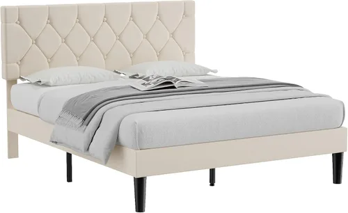 Vista 8 de VECELO Base de cama tamaño completo con cabecera capitoné con botones, plataforma tapizada con soporte de listones de madera, no necesita somier