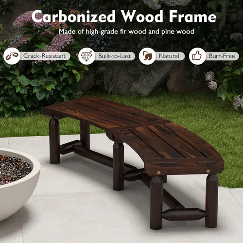 Vista 8 de Tangkula Banco de patio curvo, banco de comedor de madera carbonizada, asiento espacioso y con listones, carga máxima de 710 LBS, banco de 2 plazas