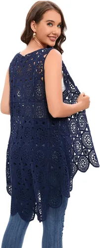 Vista 5 de Chaleco de encaje de ganchillo para mujer, estilo bohemio, sin mangas, kimono con dobladillo irregular