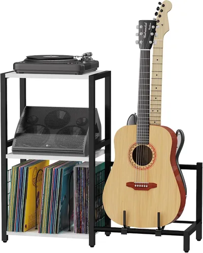 Vista 9 de YAKANJ Mesa Auxiliar con Soporte para Guitarra, Soporte para Tocadiscos, Almacenamiento para Discos de Vinilo, Soporte de 2 Niveles para Guitarra