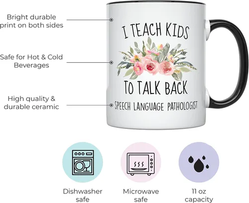 Vista 2 de YouNique Designs Taza SLP I Teach Kids to Talk Back, 11 onzas, taza de café con patología del habla y lenguaje, taza de patología del habla