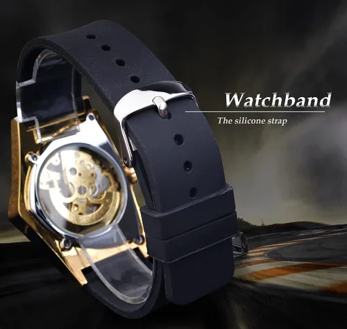 Vista 5 de FORSINING Reloj mecánico automático triangular Gold Shield, esfera de gran tamaño, diseño de esfera totalmente hueca, movimiento automático, correa