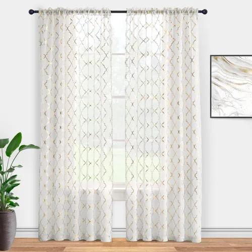 Vista 2 de Kotile - Cortinas doradas y blancas transparentes de 45 pulgadas de largo, juego de 2 paneles, con estampado marroquí metálico de ogee, cortinas