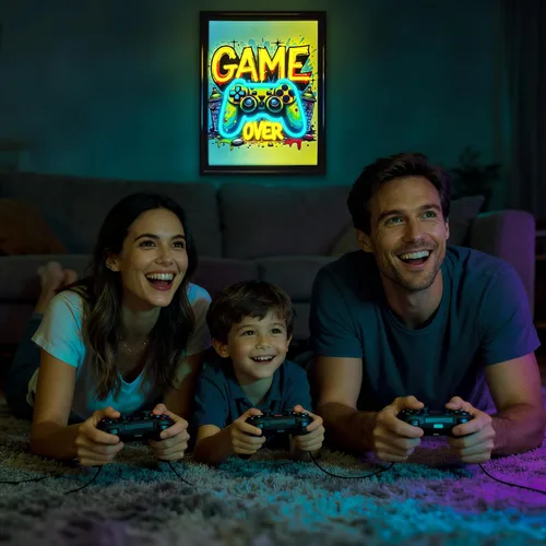 Vista 7 de Cartel de neón para gamer, arte de pared con forma de gamepad regulable en acuarela, imágenes coloridas sobre lienzo para colgar en pared