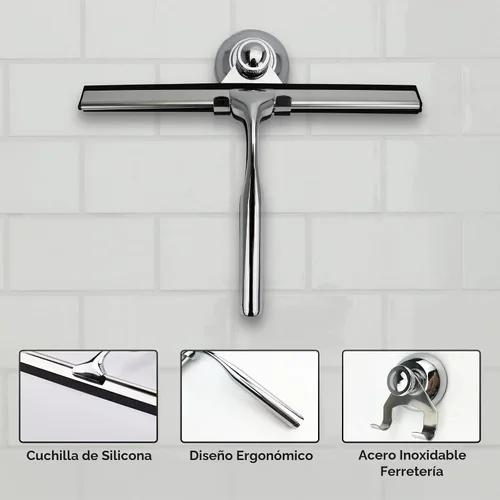 Vista 2 de Escobilla de goma para puerta de cristal de ducha con soporte, hoja de silicona de 10 pulgadas, mango cromado de acero inoxidable, para ventana