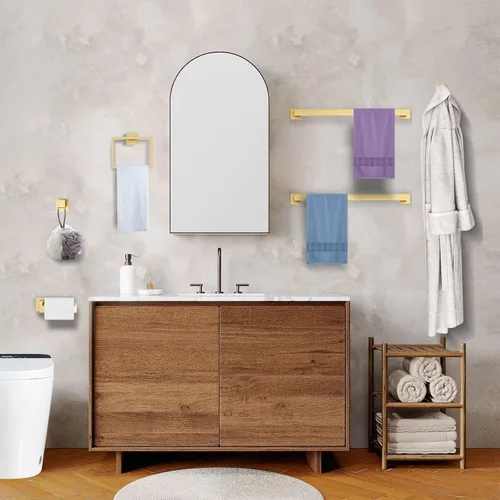 Vista 7 de Juego de accesorios de baño de 10 piezas en oro cepillado Juego de barra de toallas doradas, toallero/estante para baño, juego de accesorios de baño