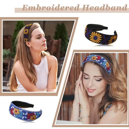 Vista 5 de Geosar Paquete de 9 diademas bordadas bohemias para mujer, bohemia, floral, hechas a mano, anchas, estilo étnico, estilo étnico, turbante