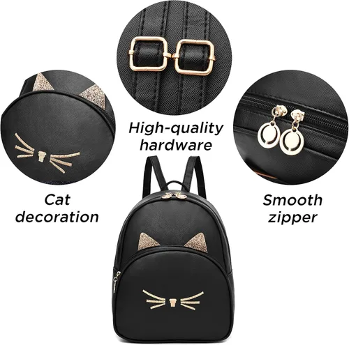 Vista 5 de Mini mochila para niñas, adolescentes y mujeres, pequeña mochila de moda de cuero sintético con estampado de gato