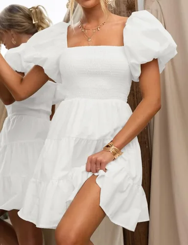 Vista 8 de ZESICA Vestido corto bohemio de verano para mujer, con cuello cuadrado, manga abombada, hombros descubiertos, fruncido, escalonado, casual