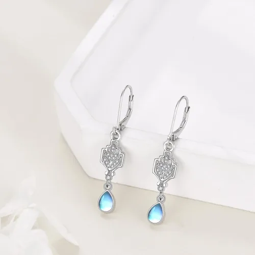 Vista 3 de Aretes de gota de piedra lunar para mujeres y niñas de plata de ley 925 con circonita cúbica, aretes de lágrima de piedra lunar, regalo de joyería