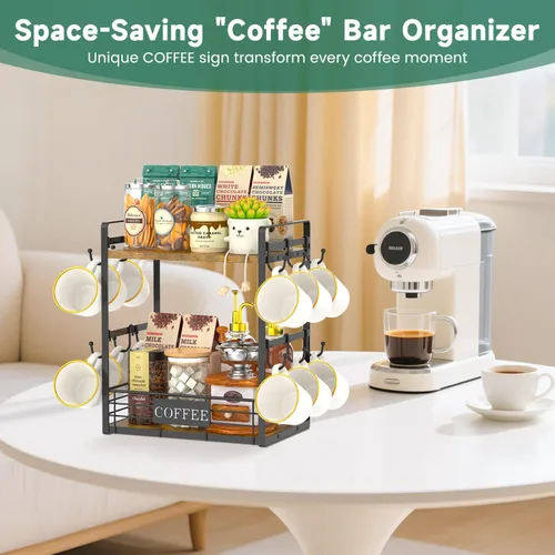 Vista 6 de EsLuker.ly Soporte para tazas de café, organizador de estación de barra de árbol, soporte para tazas de 2 niveles para encimera de cocina, estante