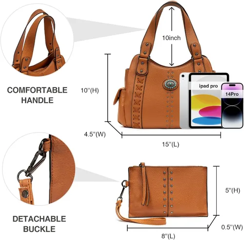 Vista 5 de Bolso de mano para mujer grande, bolso western, damas con asa superior, bolsos de hombro vintage con conchas grabadas y tachuelas