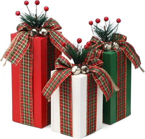 Vista 7 de Amyhill 3 piezas de caja de regalo de madera de Navidad, decoración de cuadros de Navidad, centros de mesa, regalos de madera rústica, decoración