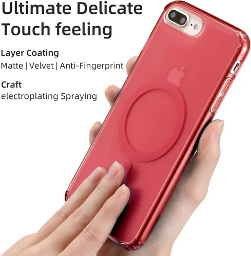 Vista 5 de Tigowos Funda magnética translúcida para iPhone 8 Plus con carga inalámbrica MagSafe anti-amarilla, antihuellas, a prueba de golpes, funda Rojo