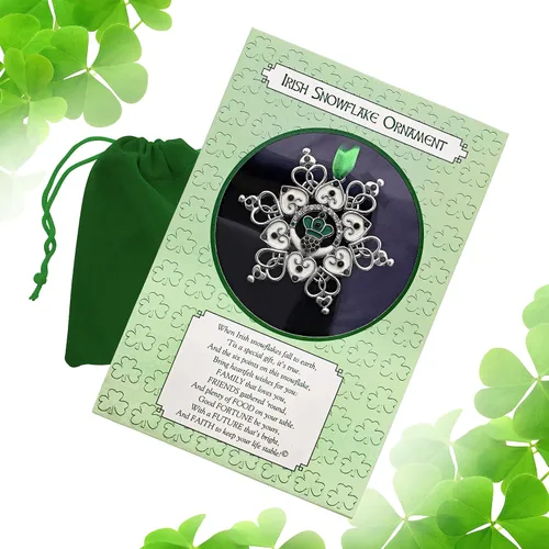 Vista 8 de Adorno de Navidad irlandés – Claddagh – Copo de nieve irlandés – Filigrana de metal y joyas – Bolsa de almacenamiento de regalo incluida mide 3 x 3
