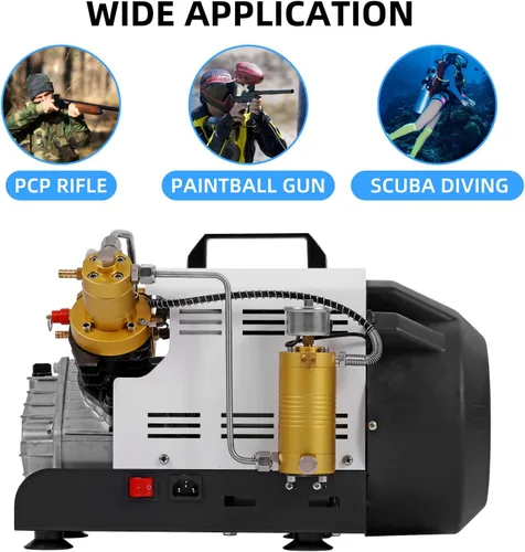 Vista 6 de Compresor de aire PCP, 4500 PSI/30 MPa, apagado automático, 110 V AC/220 V CA, compresor de doble cilindro PCP, adecuado para rifles de aire PCP