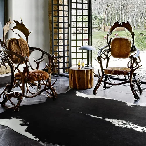 Vista 6 de Alfombra de piel de vaca sintética AROGAN, alfombra premium con estampado de vaca para decoración occidental boho, piel de vaca para dormitorio Negro