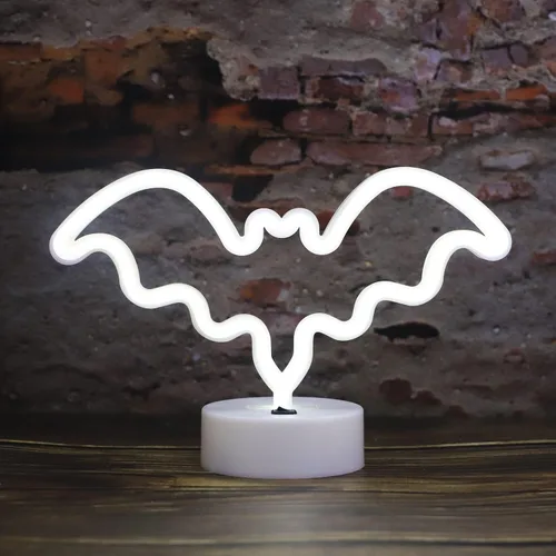Vista 8 de Luces LED de murciélago de neón moradas, letreros de neón en forma de murciélago, luces nocturnas a pilas, lámpara de mesa de escritorio