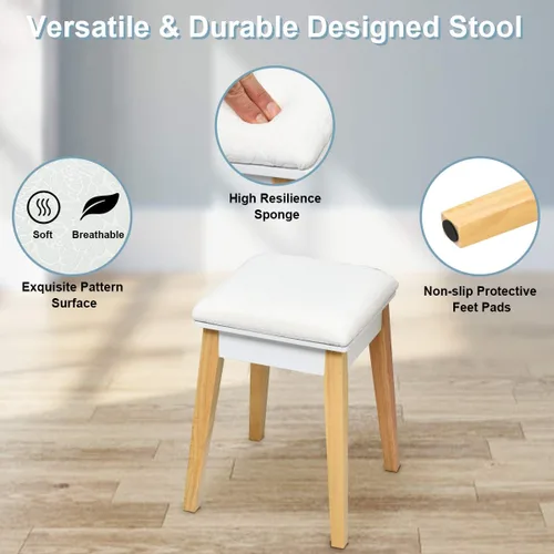 Vista 5 de CHARMAID Mesa de tocador con espejo abatible y taburete, mesa de maquillaje de madera escritorio con cajón, compartimento de almacenamiento, juego