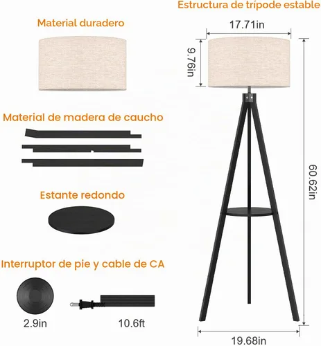 Vista 7 de LEPOWER Lámpara de pie de trípode, lámpara de pie de madera de mediados de siglo, lámpara de pie con estante de diseño moderno para sala de estar