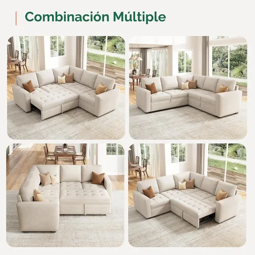 Vista 6 de HONBAY Sofá cama modular modular con cama extraíble, sofá en forma de L con asiento de almacenamiento, sofás seccionales para sala de estar, beige
