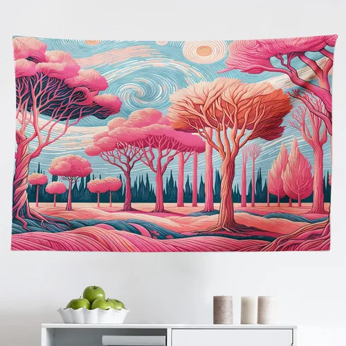Vista 74 de Ambesonne Tapiz verde, fases lunares alrededor de un árbol de la vida, impresión de diseño bohemio de astrología nocturna, decoración de tela