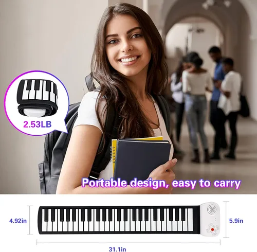 Vista 6 de Piano enrollable de 49 teclas con bolsa de transporte, 8 tonos diferentes, batería de litio recargable incorporada, altavoces integrados de 2 W