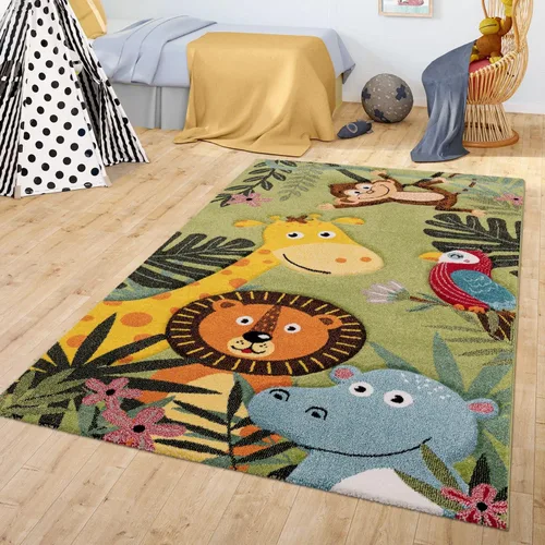 Vista 12 de Paco Home Alfombra de guardería para niños, animales de la selva, locomotora, efecto 3D, color verde crema, tamaño: 4' x 5'7" Crema-verde