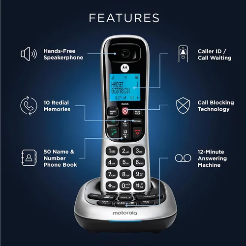 Vista 3 de Motorola CD4011 DECT 6.0 Teléfono inalámbrico con contestador automático y bloque de llamadas, plata/negro, 1 auricular