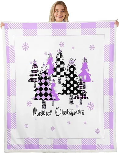 Vista 17 de Manfei Manta de Navidad con árbol de Navidad, muñeco de nieve, copo de nieve, para decoración de habitación de niños y niños, manta de rayas blancas