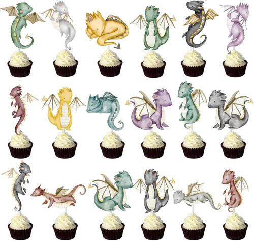 Vista 2 de Decoración para cupcakes de fiesta de dragón, 36 piezas con temática de dragón, decoración de fiesta de cumpleaños de dragón, decoraciones de pastel