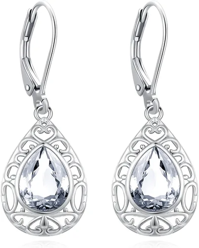 Vista 317 de Aretes colgantes de plata de ley con diseño de árbol de la vida, flor, abeja, animales, gato, colibrí, piedra lunar, turquesa, aretes con cierre