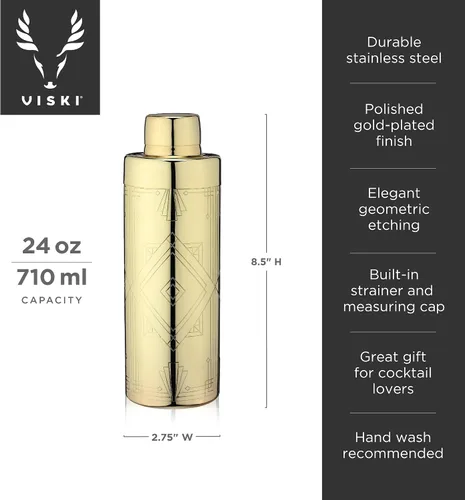 Vista 3 de Viski Art Deco - Coctelera de acero inoxidable grabada de 24 onzas con colador y acabado dorado