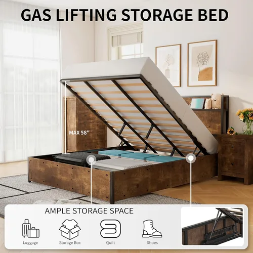 Vista 6 de LUXOAK Cama de almacenamiento elevable de tamaño matrimonial, marco de cama de plataforma de madera con cabecera de almacenamiento y estación