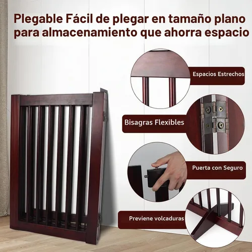 Vista 5 de Puerta de madera independiente para mascotas, puerta para mascotas para perros, valla de madera de 4 paneles de 29.5 pulgadas con 2 soportes, puerta