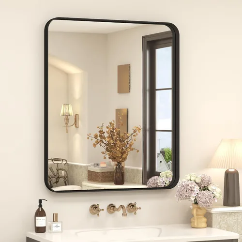 Vista 83 de Paquete de 2 espejos de baño con marco de metal negro de 22 x 30 pulgadas, espejo rectangular redondeado negro mate, antioxidante, se cuelga