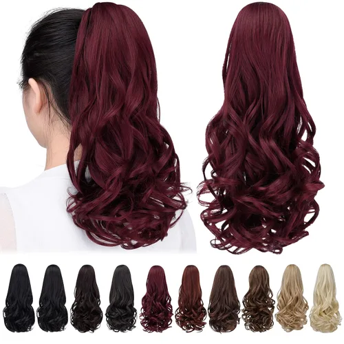 Vista 21 de Cola de caballo con clip, color castaño rojizo, ondulado de 10 pulgadas, extensión de cola de caballo de 3.3 onzas, extensiones de cabello sintético