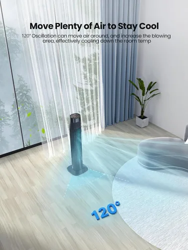 Vista 3 de Uthfy Ventilador de torre para dormitorio, ventilador oscilante de 120° con modo de sueño silencioso, 3 velocidades y 3 modos, temporizador 7.5H